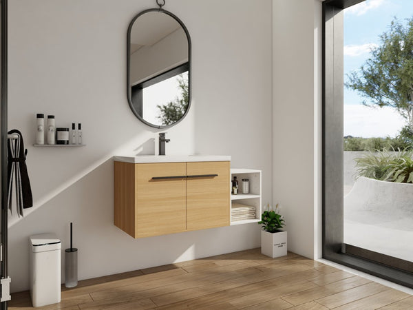 English Elm 42 Inch Wall Mounted Bathroom Vanity Wood Grain Resin Sink Soft Close Cabinet Glossy White/Oak W1972S00044