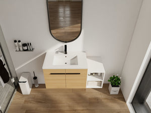 English Elm 42 Inch Wall Mounted Bathroom Vanity Wood Grain Resin Sink Soft Close Cabinet Glossy White/Oak W1972S00044