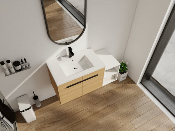 English Elm 42 Inch Wall Mounted Bathroom Vanity Wood Grain Resin Sink Soft Close Cabinet Glossy White/Oak W1972S00044