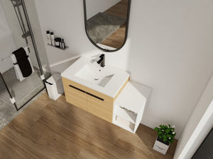 English Elm 42 Inch Wall Mounted Bathroom Vanity Wood Grain Resin Sink Soft Close Cabinet Glossy White/Oak W1972S00044