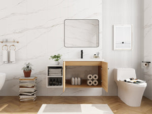 English Elm 42 Inch Wall Mounted Bathroom Vanity Wood Grain Resin Sink Soft Close Cabinet Glossy White/Oak W1972S00044