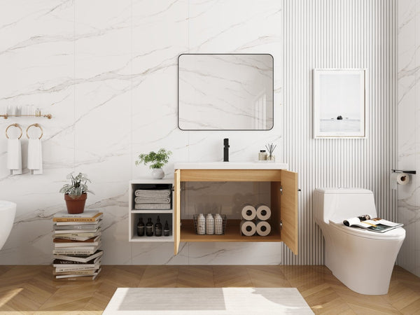 English Elm 42 Inch Wall Mounted Bathroom Vanity Wood Grain Resin Sink Soft Close Cabinet Glossy White/Oak W1972S00044