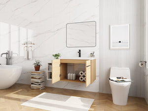 English Elm 42 Inch Wall Mounted Bathroom Vanity Wood Grain Resin Sink Soft Close Cabinet Glossy White/Oak W1972S00044
