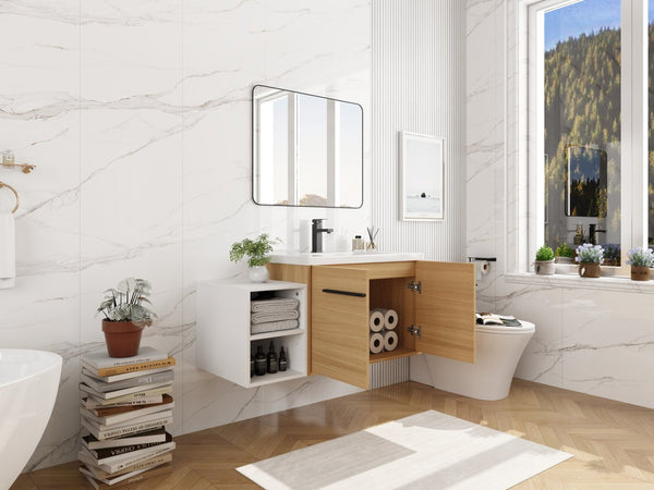 English Elm 42 Inch Wall Mounted Bathroom Vanity Wood Grain Resin Sink Soft Close Cabinet Glossy White/Oak W1972S00044
