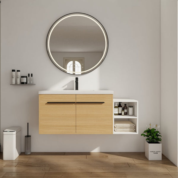 English Elm 48 Inch Wall Mounted Bathroom Vanity Wood Grain Resin Sink Soft Close Cabinet Shelf Glossy White/Oak W1972S00045