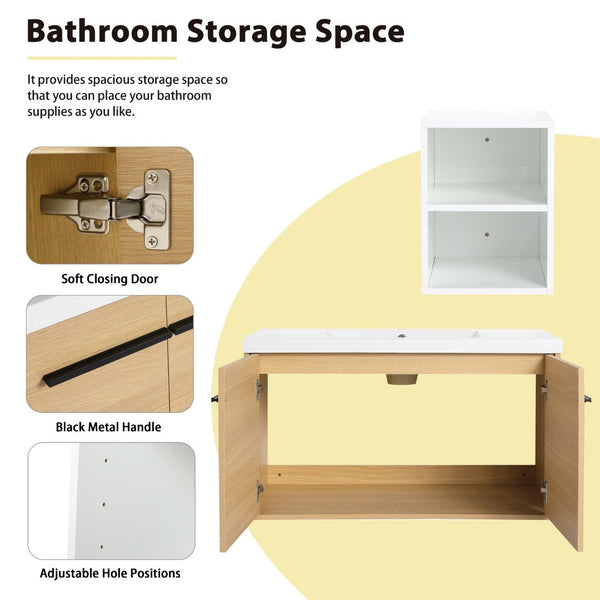 English Elm 48 Inch Wall Mounted Bathroom Vanity Wood Grain Resin Sink Soft Close Cabinet Shelf Glossy White/Oak W1972S00045