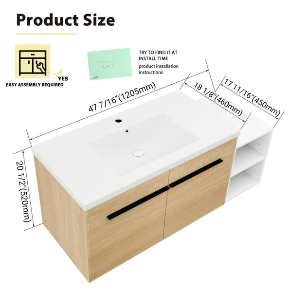 English Elm 48 Inch Wall Mounted Bathroom Vanity Wood Grain Resin Sink Soft Close Cabinet Shelf Glossy White/Oak W1972S00045