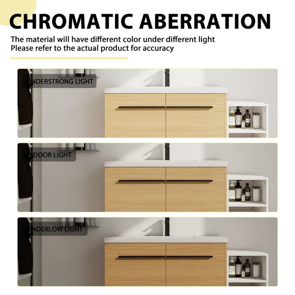 English Elm 48 Inch Wall Mounted Bathroom Vanity Wood Grain Resin Sink Soft Close Cabinet Shelf Glossy White/Oak W1972S00045
