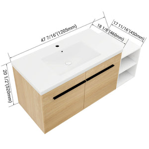 English Elm 48 Inch Wall Mounted Bathroom Vanity Wood Grain Resin Sink Soft Close Cabinet Shelf Glossy White/Oak W1972S00045
