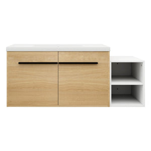 English Elm 48 Inch Wall Mounted Bathroom Vanity Wood Grain Resin Sink Soft Close Cabinet Shelf Glossy White/Oak W1972S00045