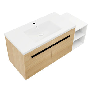 English Elm 48 Inch Wall Mounted Bathroom Vanity Wood Grain Resin Sink Soft Close Cabinet Shelf Glossy White/Oak W1972S00045