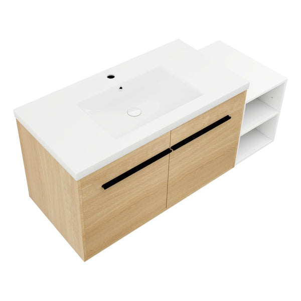 English Elm 48 Inch Wall Mounted Bathroom Vanity Wood Grain Resin Sink Soft Close Cabinet Shelf Glossy White/Oak W1972S00045