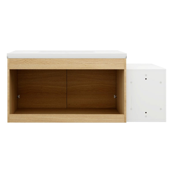 English Elm 48 Inch Wall Mounted Bathroom Vanity Wood Grain Resin Sink Soft Close Cabinet Shelf Glossy White/Oak W1972S00045