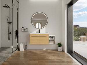 English Elm 48 Inch Wall Mounted Bathroom Vanity Wood Grain Resin Sink Soft Close Cabinet Shelf Glossy White/Oak W1972S00045