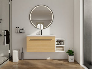English Elm 48 Inch Wall Mounted Bathroom Vanity Wood Grain Resin Sink Soft Close Cabinet Shelf Glossy White/Oak W1972S00045