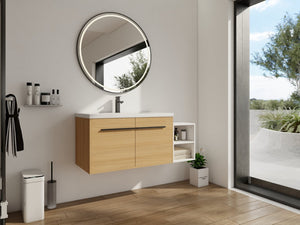 English Elm 48 Inch Wall Mounted Bathroom Vanity Wood Grain Resin Sink Soft Close Cabinet Shelf Glossy White/Oak W1972S00045