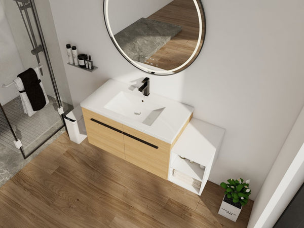 English Elm 48 Inch Wall Mounted Bathroom Vanity Wood Grain Resin Sink Soft Close Cabinet Shelf Glossy White/Oak W1972S00045