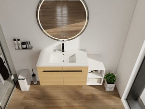 English Elm 48 Inch Wall Mounted Bathroom Vanity Wood Grain Resin Sink Soft Close Cabinet Shelf Glossy White/Oak W1972S00045