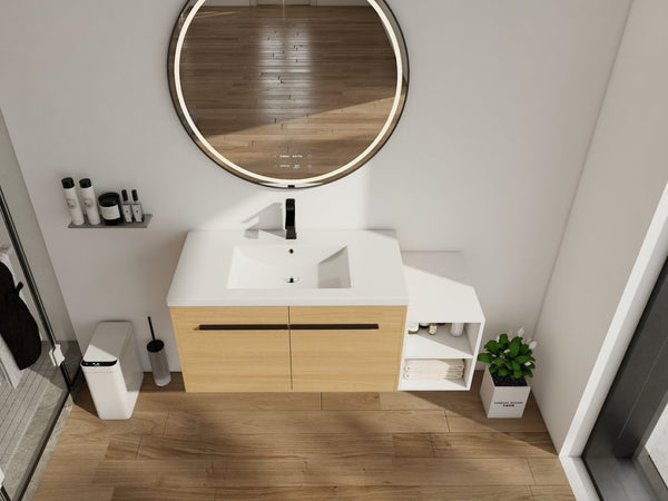 English Elm 48 Inch Wall Mounted Bathroom Vanity Wood Grain Resin Sink Soft Close Cabinet Shelf Glossy White/Oak W1972S00045