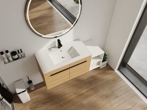 English Elm 48 Inch Wall Mounted Bathroom Vanity Wood Grain Resin Sink Soft Close Cabinet Shelf Glossy White/Oak W1972S00045