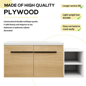 English Elm 48 Inch Wall Mounted Bathroom Vanity Wood Grain Resin Sink Soft Close Cabinet Shelf Glossy White/Oak W1972S00045