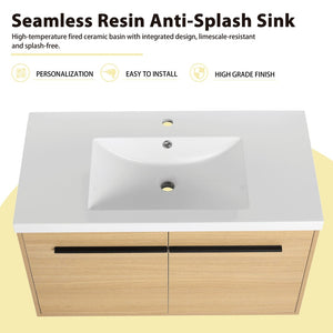 English Elm 48 Inch Wall Mounted Bathroom Vanity Wood Grain Resin Sink Soft Close Cabinet Shelf Glossy White/Oak W1972S00045