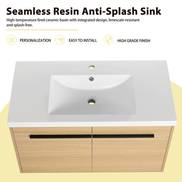 English Elm 48 Inch Wall Mounted Bathroom Vanity Wood Grain Resin Sink Soft Close Cabinet Shelf Glossy White/Oak W1972S00045