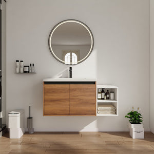 English Elm 42 Inch Wall Mounted Bathroom Vanity Wood Grain Resin Sink Soft Close Cabinet Brown Ebony/Glossy White W1972S00046