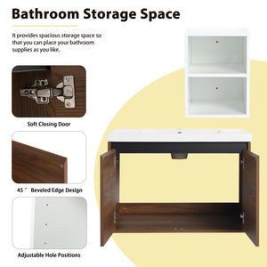 English Elm 42 Inch Wall Mounted Bathroom Vanity Wood Grain Resin Sink Soft Close Cabinet Brown Ebony/Glossy White W1972S00046