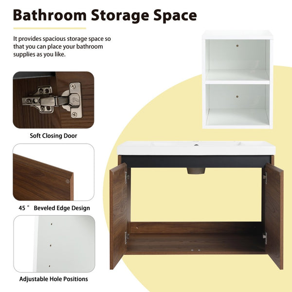English Elm 42 Inch Wall Mounted Bathroom Vanity Wood Grain Resin Sink Soft Close Cabinet Brown Ebony/Glossy White W1972S00046