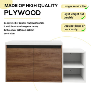 English Elm 42 Inch Wall Mounted Bathroom Vanity Wood Grain Resin Sink Soft Close Cabinet Brown Ebony/Glossy White W1972S00046