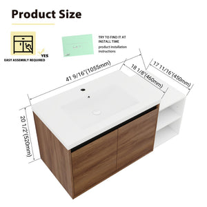 English Elm 42 Inch Wall Mounted Bathroom Vanity Wood Grain Resin Sink Soft Close Cabinet Brown Ebony/Glossy White W1972S00046