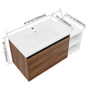English Elm 42 Inch Wall Mounted Bathroom Vanity Wood Grain Resin Sink Soft Close Cabinet Brown Ebony/Glossy White W1972S00046