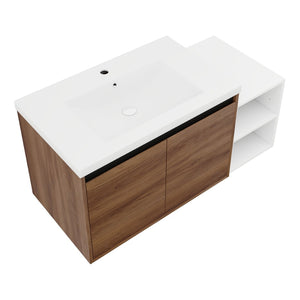 English Elm 42 Inch Wall Mounted Bathroom Vanity Wood Grain Resin Sink Soft Close Cabinet Brown Ebony/Glossy White W1972S00046