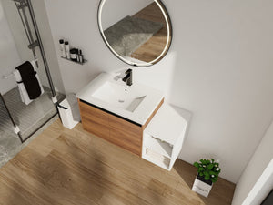 English Elm 42 Inch Wall Mounted Bathroom Vanity Wood Grain Resin Sink Soft Close Cabinet Brown Ebony/Glossy White W1972S00046