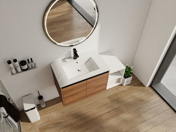 English Elm 42 Inch Wall Mounted Bathroom Vanity Wood Grain Resin Sink Soft Close Cabinet Brown Ebony/Glossy White W1972S00046