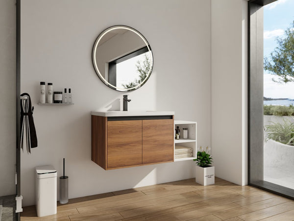 English Elm 42 Inch Wall Mounted Bathroom Vanity Wood Grain Resin Sink Soft Close Cabinet Brown Ebony/Glossy White W1972S00046