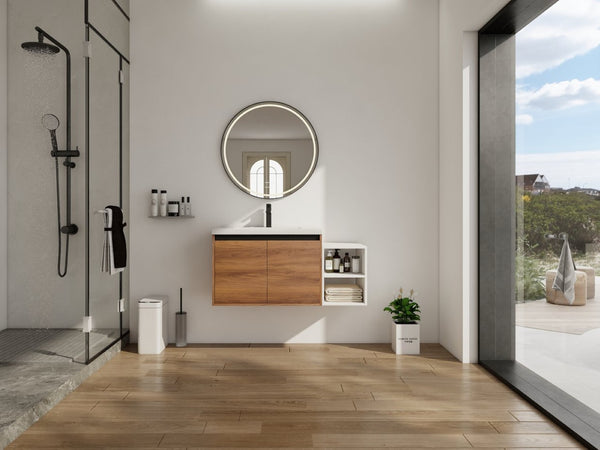 English Elm 42 Inch Wall Mounted Bathroom Vanity Wood Grain Resin Sink Soft Close Cabinet Brown Ebony/Glossy White W1972S00046