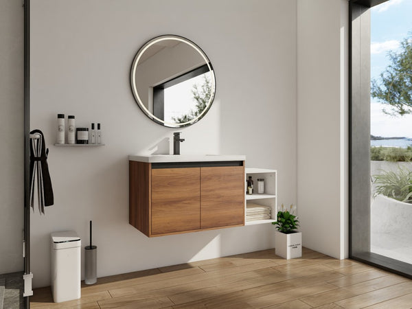 English Elm 42 Inch Wall Mounted Bathroom Vanity Wood Grain Resin Sink Soft Close Cabinet Brown Ebony/Glossy White W1972S00046