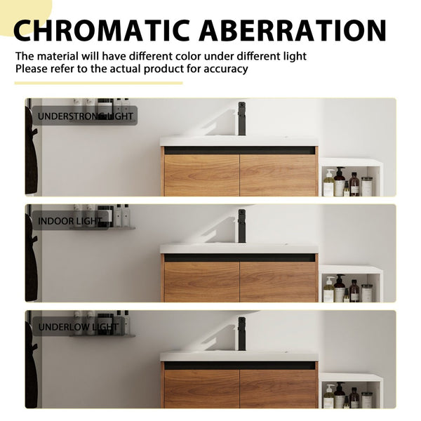 English Elm 42 Inch Wall Mounted Bathroom Vanity Wood Grain Resin Sink Soft Close Cabinet Brown Ebony/Glossy White W1972S00046