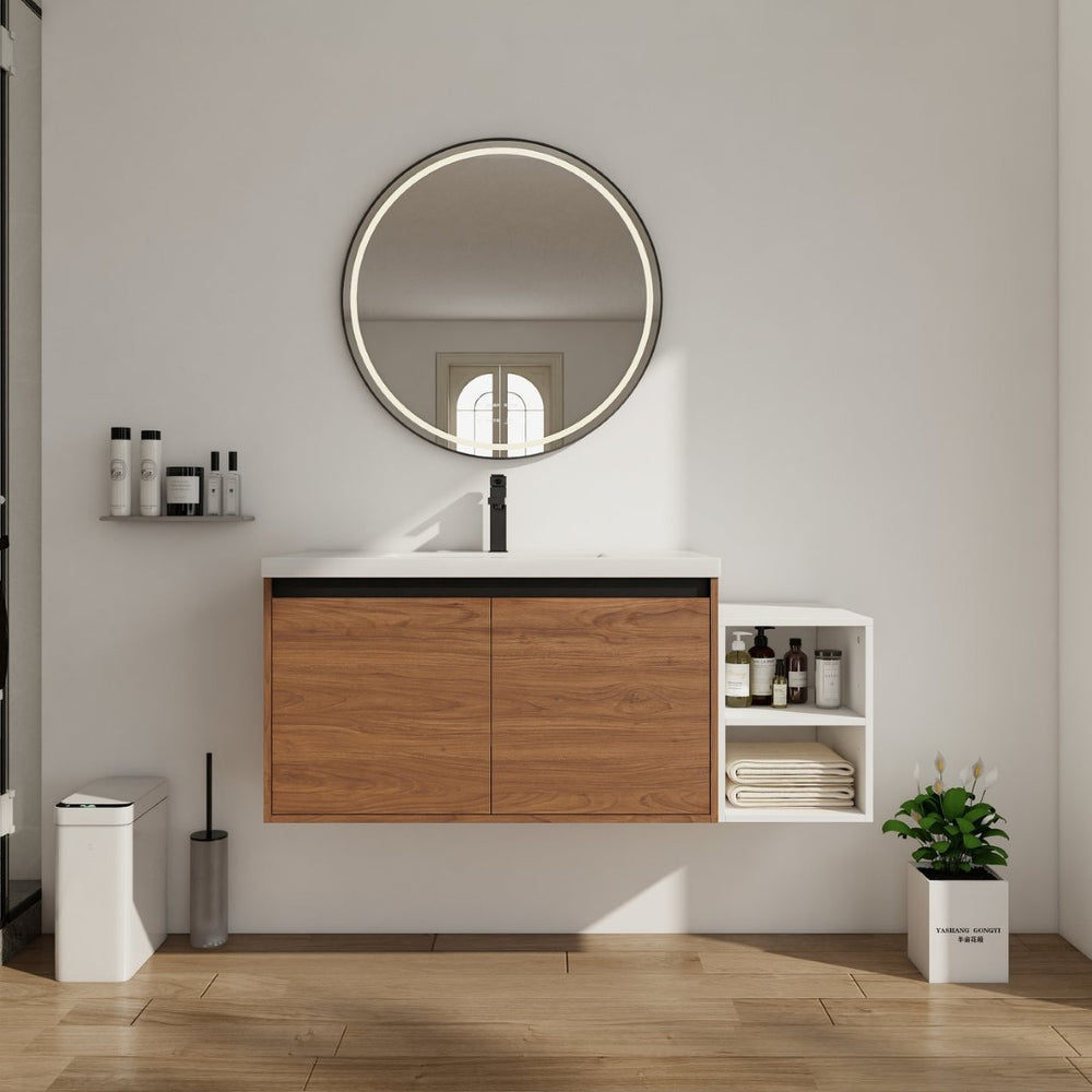 English Elm 48 Inch Wall Mounted Bathroom Vanity Wood Grain Resin Sink Soft Close Cabinet Shelf Brown Ebony/Glossy White W1972S00047