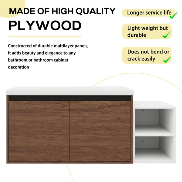 English Elm 48 Inch Wall Mounted Bathroom Vanity Wood Grain Resin Sink Soft Close Cabinet Shelf Brown Ebony/Glossy White W1972S00047