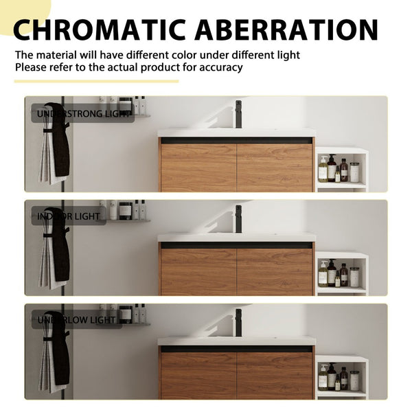 English Elm 48 Inch Wall Mounted Bathroom Vanity Wood Grain Resin Sink Soft Close Cabinet Shelf Brown Ebony/Glossy White W1972S00047