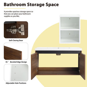 English Elm 48 Inch Wall Mounted Bathroom Vanity Wood Grain Resin Sink Soft Close Cabinet Shelf Brown Ebony/Glossy White W1972S00047