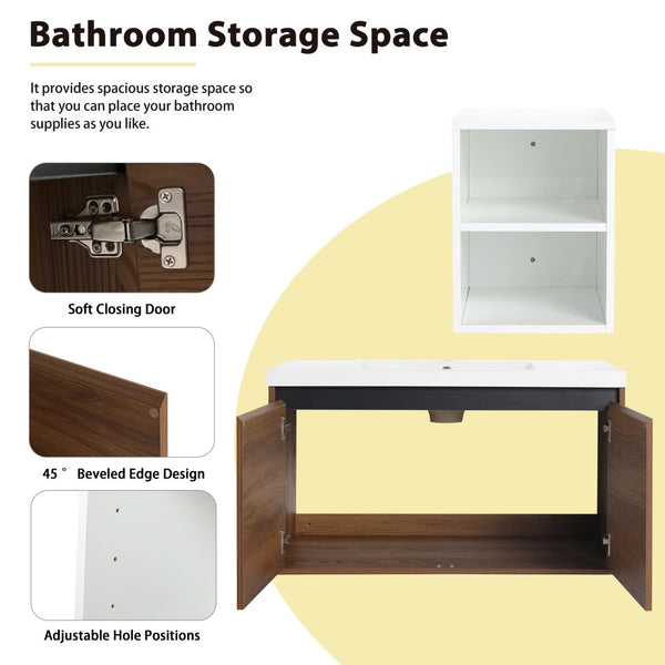English Elm 48 Inch Wall Mounted Bathroom Vanity Wood Grain Resin Sink Soft Close Cabinet Shelf Brown Ebony/Glossy White W1972S00047