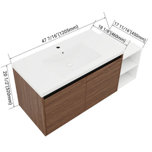 English Elm 48 Inch Wall Mounted Bathroom Vanity Wood Grain Resin Sink Soft Close Cabinet Shelf Brown Ebony/Glossy White W1972S00047