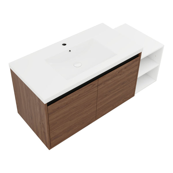 English Elm 48 Inch Wall Mounted Bathroom Vanity Wood Grain Resin Sink Soft Close Cabinet Shelf Brown Ebony/Glossy White W1972S00047