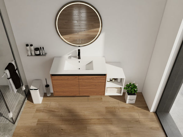 English Elm 48 Inch Wall Mounted Bathroom Vanity Wood Grain Resin Sink Soft Close Cabinet Shelf Brown Ebony/Glossy White W1972S00047