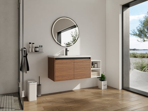 English Elm 48 Inch Wall Mounted Bathroom Vanity Wood Grain Resin Sink Soft Close Cabinet Shelf Brown Ebony/Glossy White W1972S00047