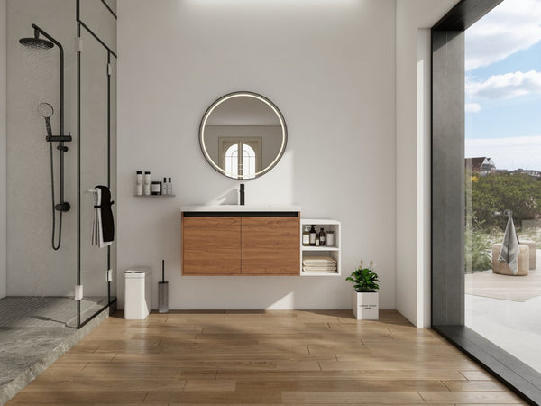 English Elm 48 Inch Wall Mounted Bathroom Vanity Wood Grain Resin Sink Soft Close Cabinet Shelf Brown Ebony/Glossy White W1972S00047